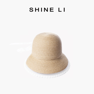 SHINE 李姍 小花圓頂中檐帽 草帽女夏海邊度假防曬遮陽拉菲草