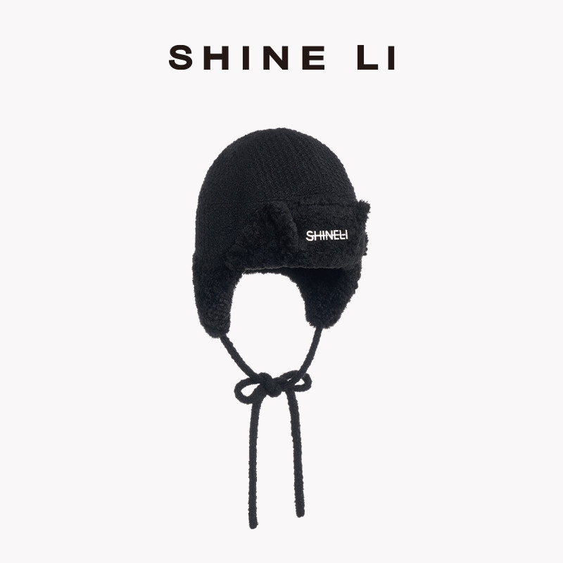 SHINE LI李姗【毛绒系列】花呢毛绒拼接飞行员帽 毛绒帽 圣诞帽
