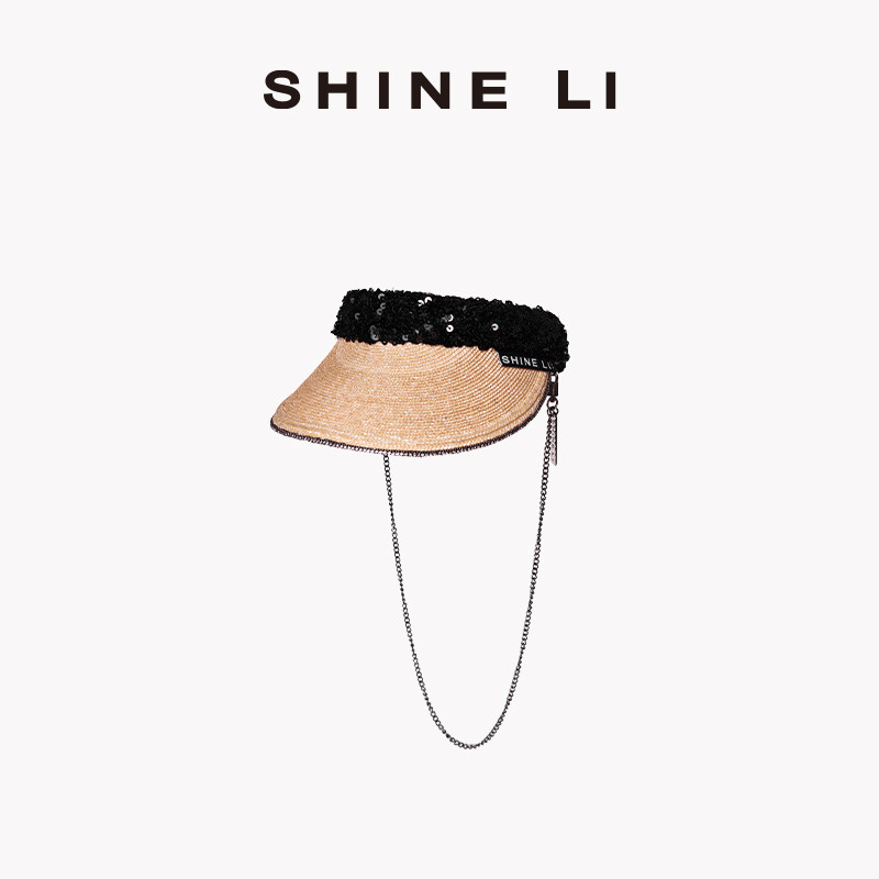 SHINE LI 李姗 亮片链条空顶帽 夏季遮阳防晒拉菲草帽海边度假