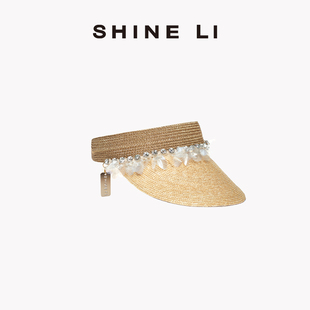 SHINE 閃鉆金邊空頂帽 防曬遮陽帽 女夏海邊度假拉菲草帽 LI李姍