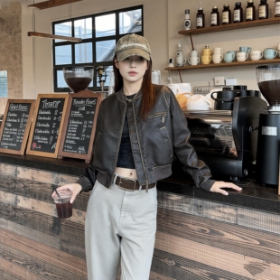 手工擦色美式短款机车皮衣夹克女新款复古拉德外套皮夹克百搭上衣