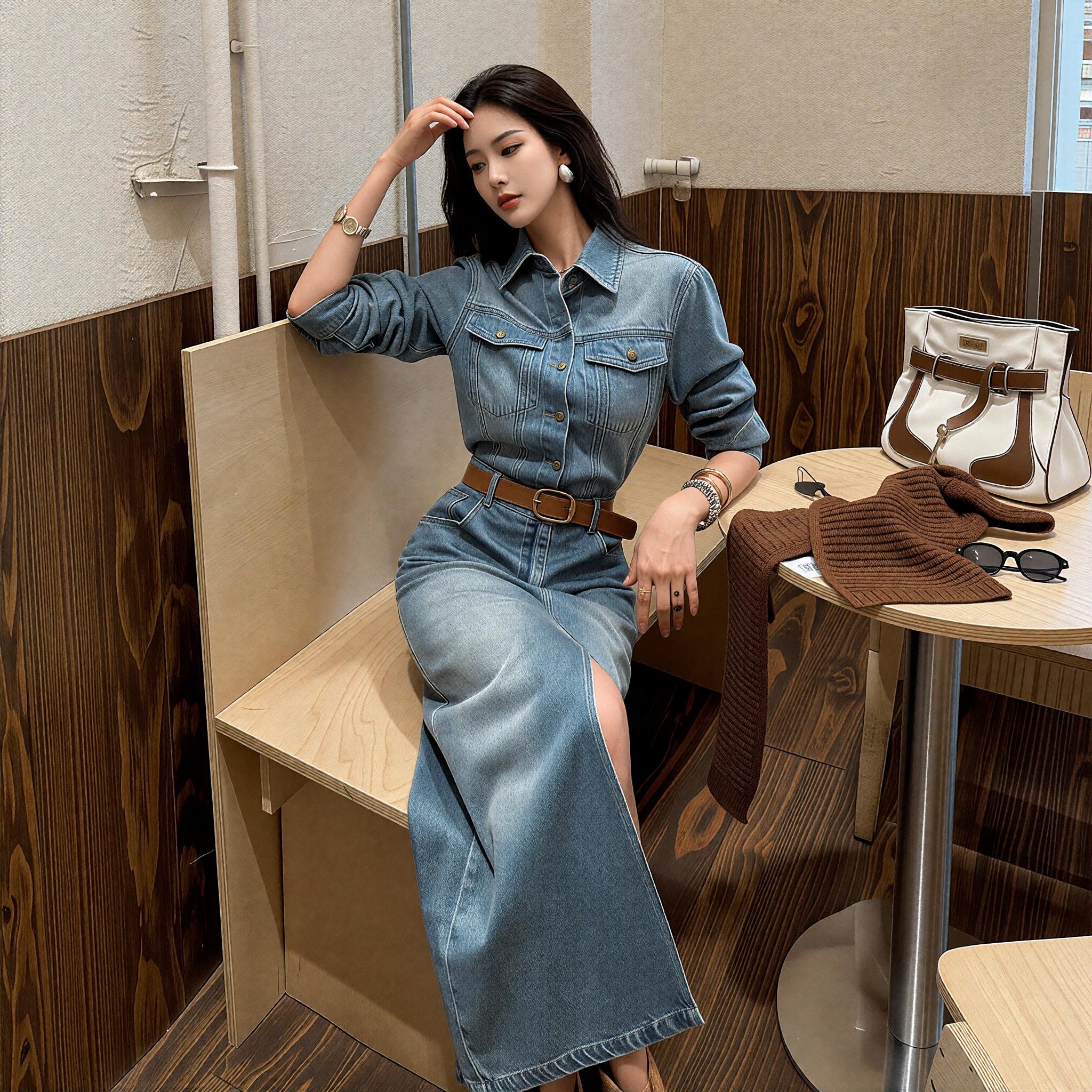 高级感水洗蓝牛仔连衣裙女秋冬新款设计感长袖中长款高腰包臀裙