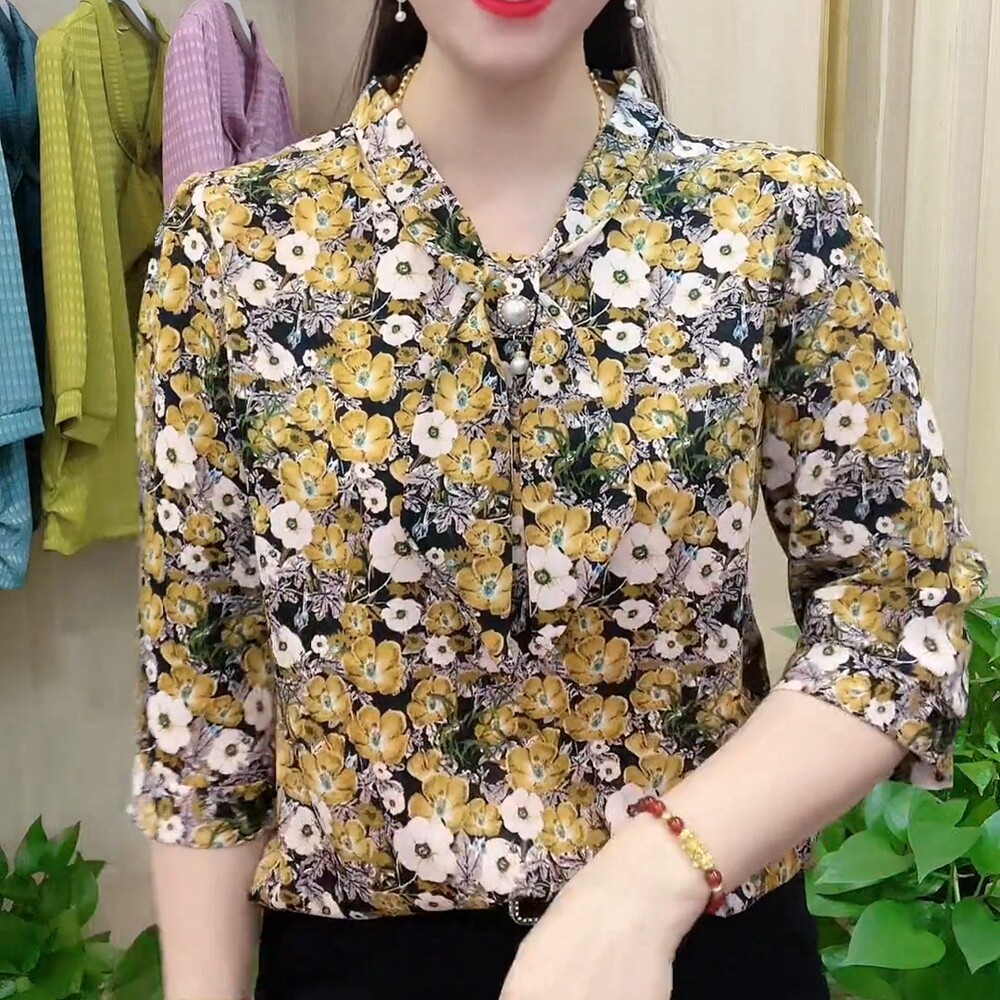 2025时尚妈妈装夏季新款中袖雪纺衫遮肚上衣蝴蝶结碎花上档次女装