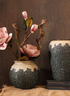 复古中式粗陶瓷落地大花瓶摆件客厅橱窗会所酒店插花玉兰花艺陶罐