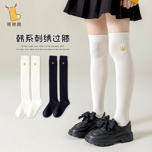 女童过膝长筒袜子春秋季儿童韩版刺绣中大童高筒学生袜黑白配裙子