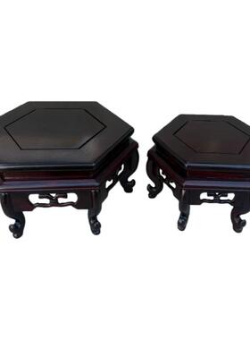 底座红酸枝六角木雕工艺品摆件实木质紫砂茶壶玉器垫奇石木托木架