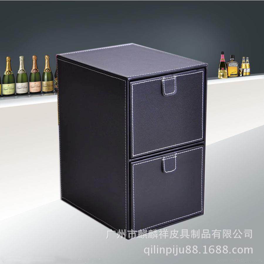 黑色PU收纳盒家居仿皮CD盒桌面两层整理文件归纳箱两层拉手文件柜