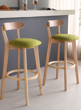北欧实木家用靠背吧台椅轻奢简约高脚凳吧台凳奶茶店前台酒吧椅子