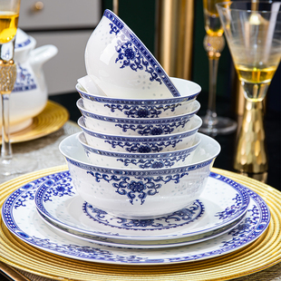 景德镇陶瓷青花玲珑碗碟套装 餐具4.5米饭碗家用骨瓷8英寸菜盘深盘