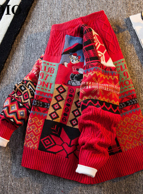 高级感过新年红色毛衣男冬季新款潮牌慵懒风圆领针织打底衫情侣款