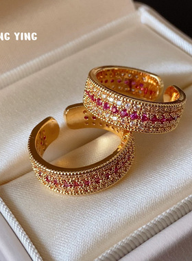 老钱风时尚轻奢微镶满钻宽边开口可调节戒指女气质高级感手饰指环