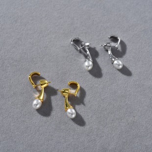 小众高级悬垂耳饰精致甜美高级金属镶嵌珍珠925银针耳钉个性耳环