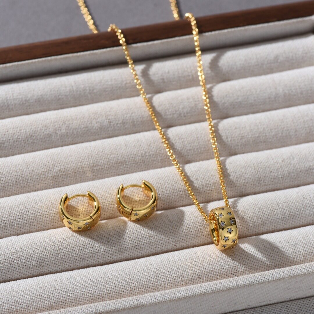 欧美星月印花情人节礼物几何锆石吊坠锁骨链个性独特气质耳环项链