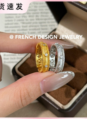 法式拉丝布契风手工拉丝指环S925纯银拉丝镶钻戒指轻奢优雅百搭款