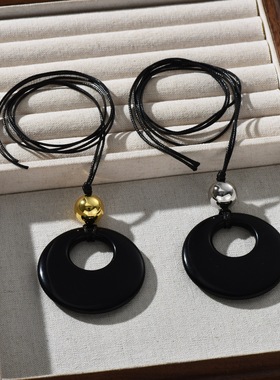 欧美独特潮流月亮石黑玛瑙吊坠编织绳毛衣链个性ins时尚百搭项链