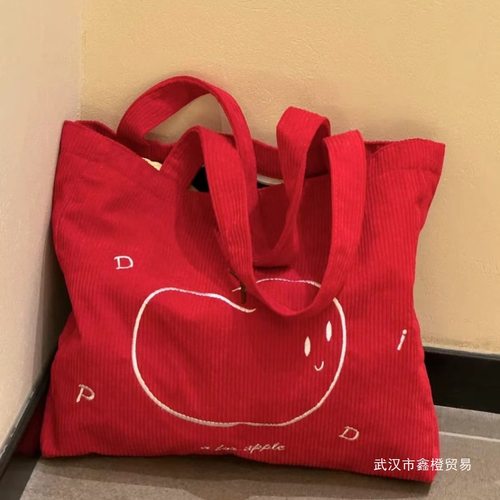 爆品小红书同款灯芯绒苹果刺绣复古百搭通勤单肩包大容量简约托特