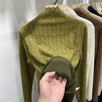 加绒加厚半高领蕾丝打底衫女内搭秋冬洋气高级感别致漂亮小衫上衣