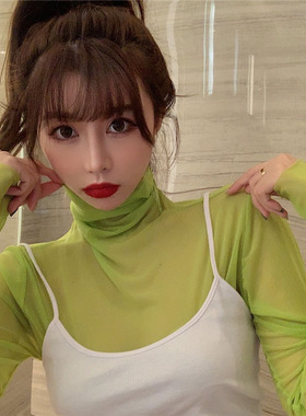 马卡龙网纱打底衫女春秋百搭内搭t恤长袖上衣薄紫色黑色白色