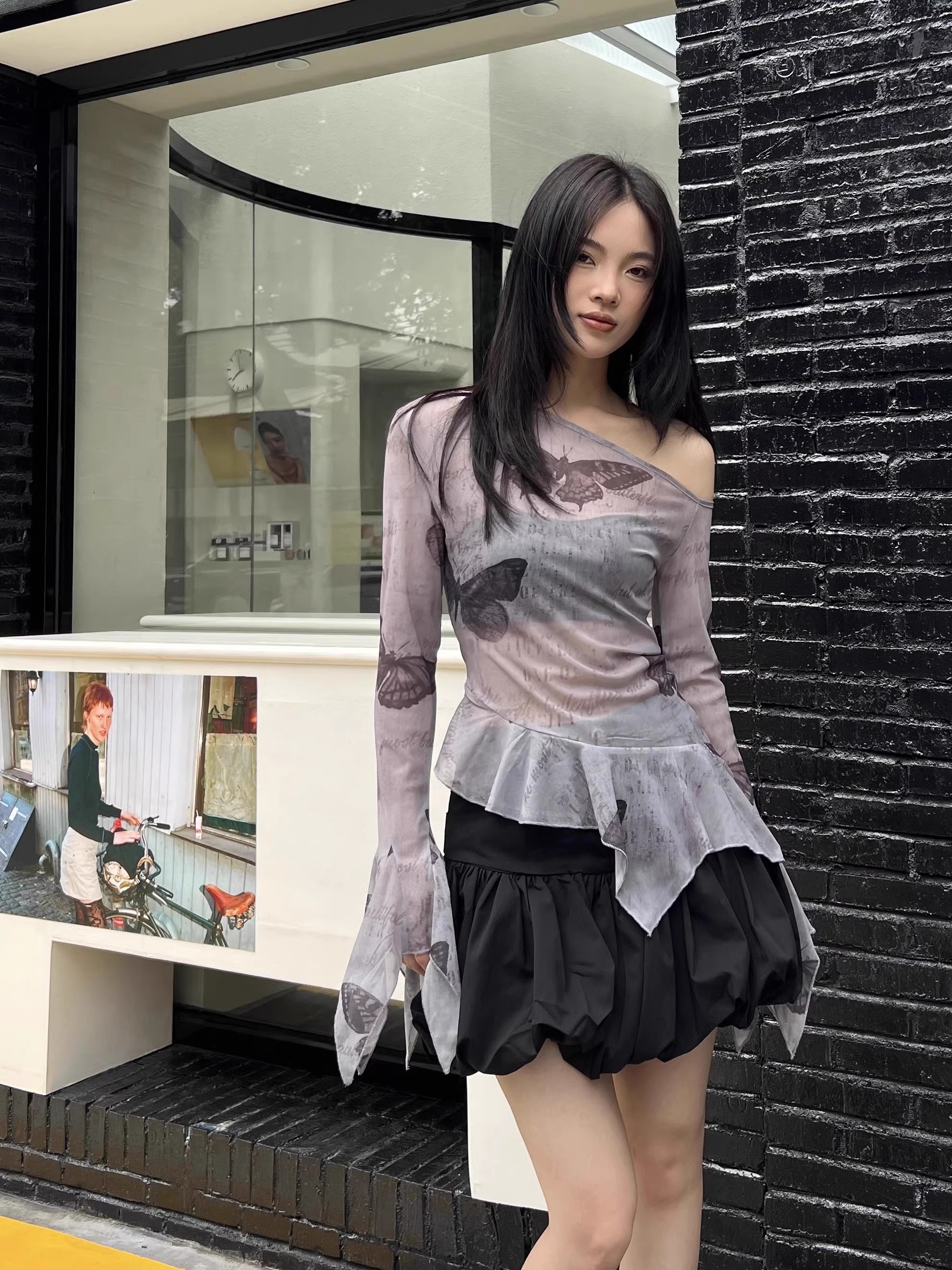 不规则y2k辣妹修身罩衫网纱T恤