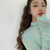 春天薄荷绿自制早春新品 T恤女 chic冰丝网纱弹力透视y2k打底衫