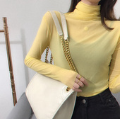 泫雅风高领长袖 冰丝上衣女 春夏透明防晒衫 t恤网纱内搭打底衫 薄款