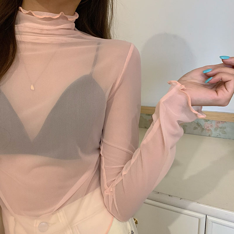 温柔叠穿透视弹力网纱高领打底衫