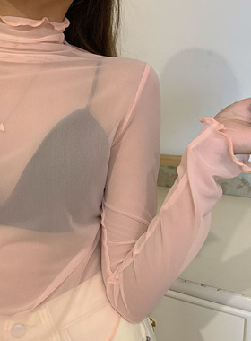 【温柔的梦境】叠穿shen器 透视弹力网纱高领打底衫