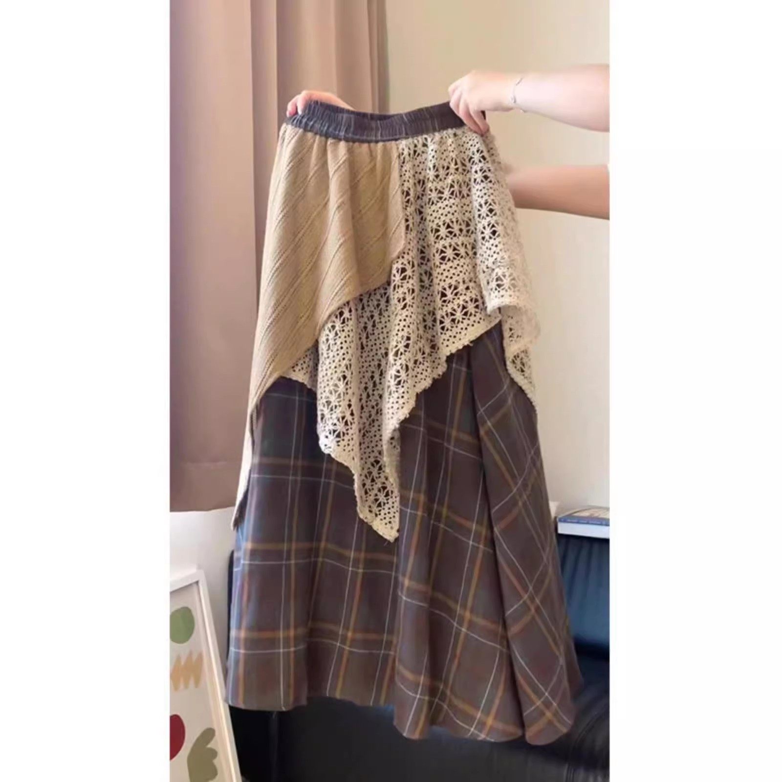 复古棕色不规则格子a字半身裙女2025美拉德秋冬长裙子,女装/女士精品,半身裙,淘宝优惠券,粉丝福利购,淘宝优惠卷