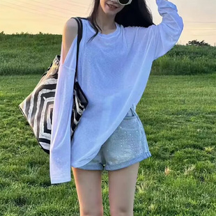 长袖T恤女夏2023新款宽松慵懒冰丝纯色露肩薄款防晒圆领罩衫上衣