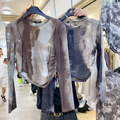 内搭水墨t恤打底衫 薄纱叠穿长袖 扎染网纱上衣 夏季 冰丝防晒衣女款