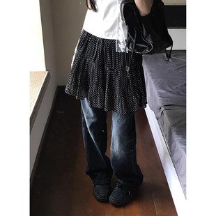 美式复古黑色波点半身裙女夏季新款亚文化穿搭千禧辣妹叠穿短裙子