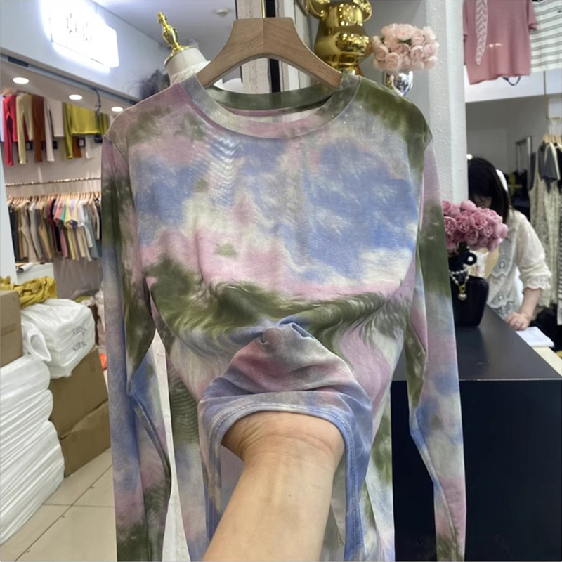 扎染印花长袖T恤女新款网纱上衣