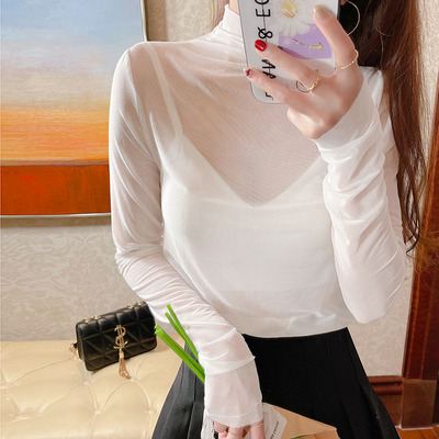 高领防晒超薄长袖透视蕾丝打底衫