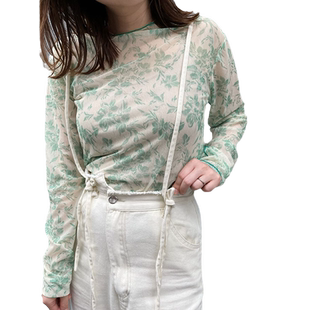 日系女装春季设计感复古花柄层次透视感小衫打底衫上衣