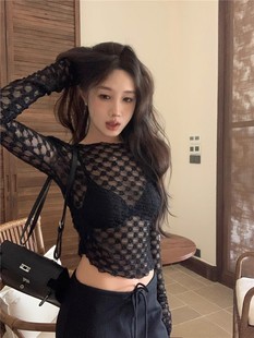 短款 修身 正肩设计感辣妹上衣 性感长袖 黑色镂空网纱T恤女早春新款