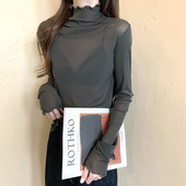 打底衫 半高领木耳边长袖 薄款 修身 网纱t恤女早秋新款 上衣2021秋季
