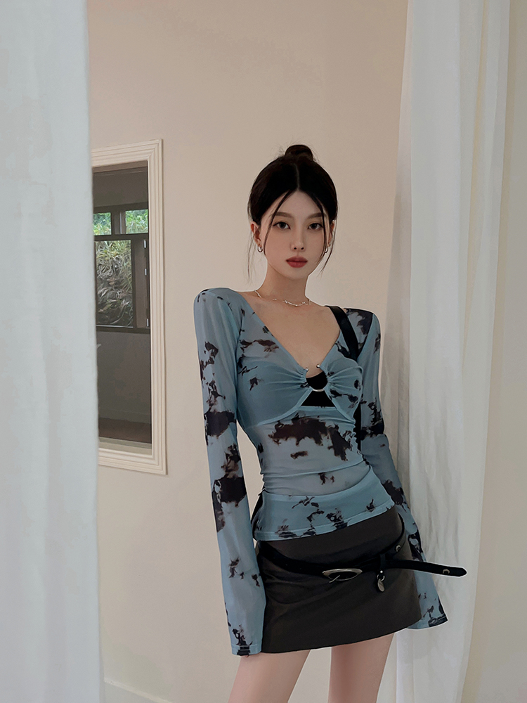 美式复古辣妹扎染长袖女网纱上衣