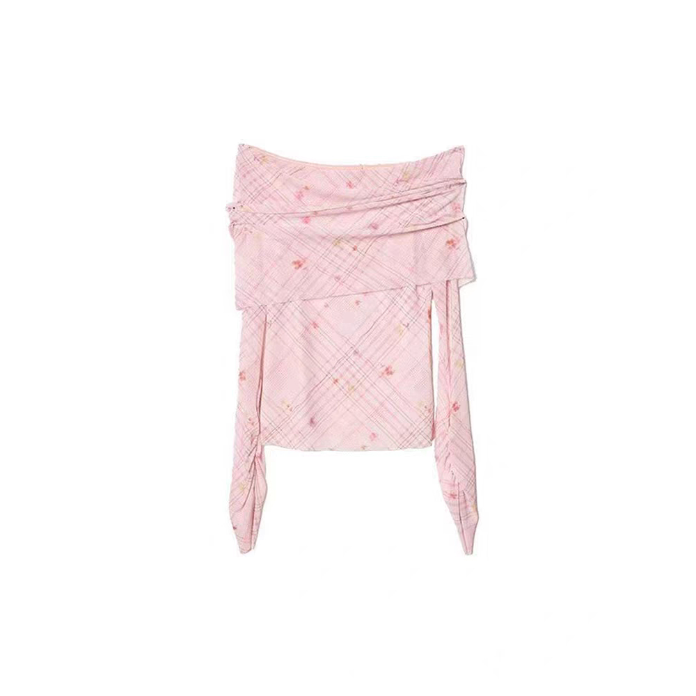 碎花格纹一字肩法式堆领印花T恤