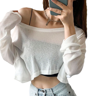 爵士jazz舞蹈服装 欧美短款露脐一字领露肩高腰网纱T恤宽松上衣女