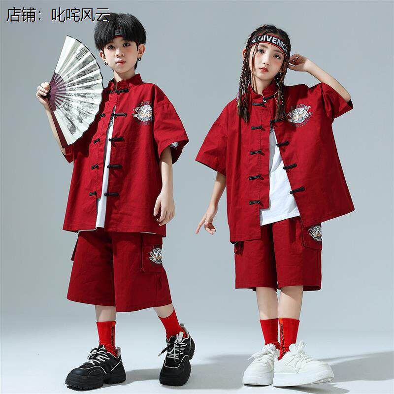 六一幼儿街舞套装hiphop演出服中国风男孩嘻哈架子鼓表演服装唐装