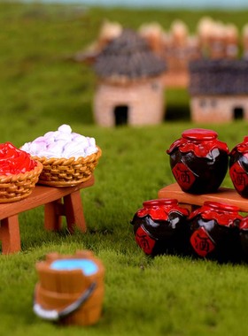 微景观小摆件创意迷你摆设酒碗酒坛草垛木水桶辣椒大蒜竹筐蒸笼包