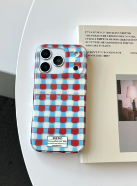 are you自制简约ins风红蓝格纹标签手机壳适用13苹果iPhone16pro新款17pro保护套14PRO半包15双面14防摔13