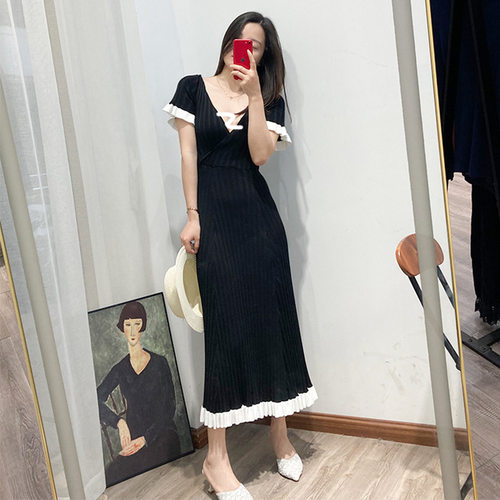 法系轻奢S家连衣裙深V甜辣风女装荷叶边针织短袖淑女气质裙子夏季