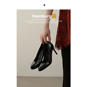 女 女漆皮裸色圆头浅口单鞋 汉堡Hamburg 黑色红底细跟高跟鞋