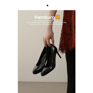 【汉堡Hamburg】黑色红底细跟高跟鞋女漆皮裸色圆头浅口单鞋女
