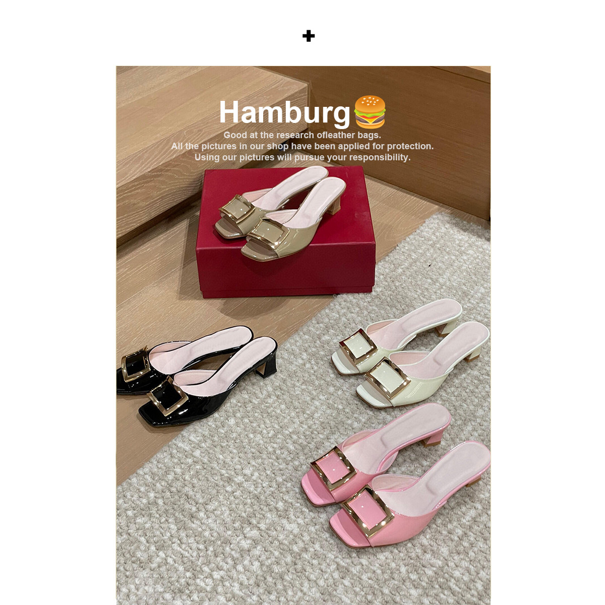 【汉堡Hamburg】经典方扣精致韩系名媛粗跟凉鞋女气质半拖外穿