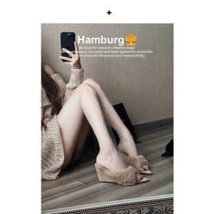 【汉堡Hamburg】中古风坡跟毛毛拖鞋女秋冬尖头绝美坡跟高跟鞋女