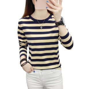 中年妈妈装新款长袖t恤女士打底衫减龄条纹小衫秋款大码宽松上衣