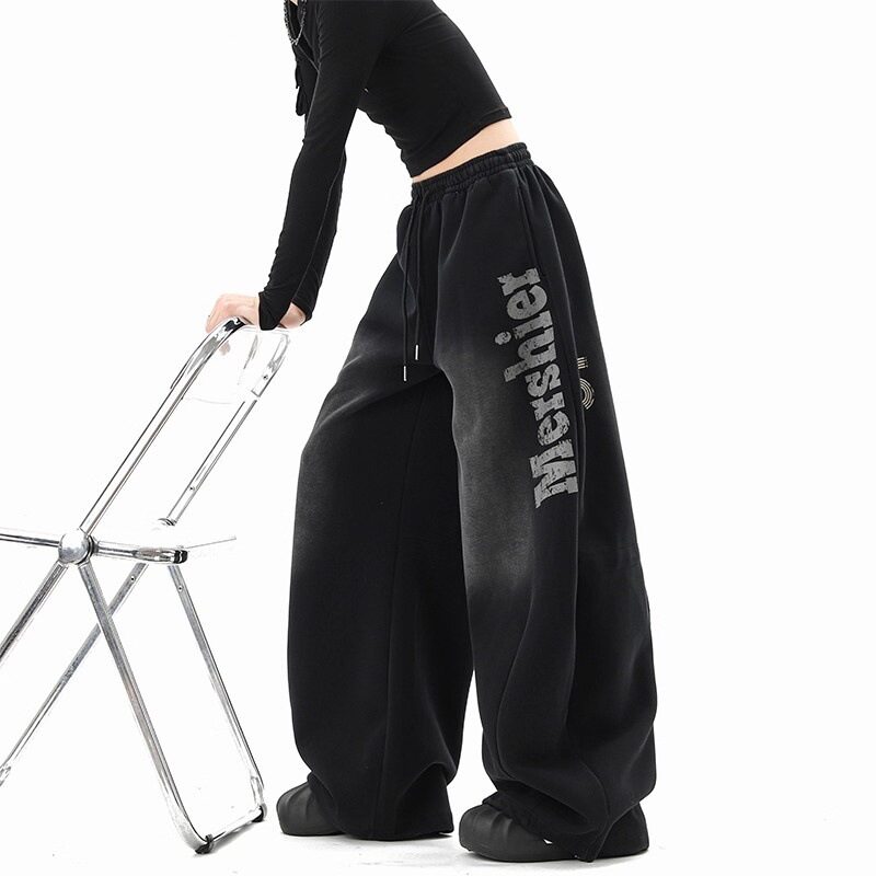 嘻哈水洗字母卫裤男女秋季潮美式宽松阔腿裤hiphop弯刀裤跨境出口
