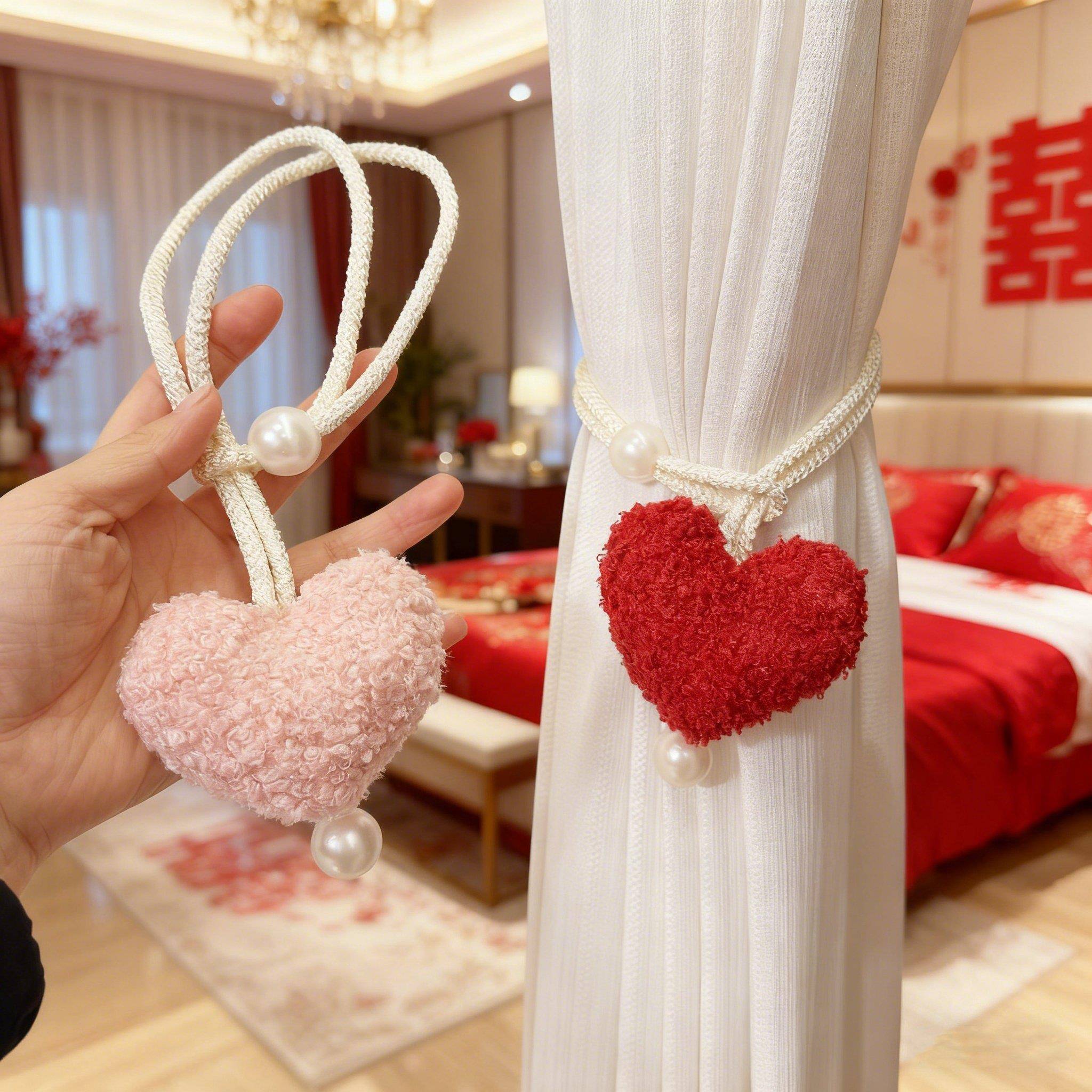 结婚窗帘绑带乔迁婚房装饰红色爱心玫瑰花珍珠绑绳收拢纱帘卧室装
